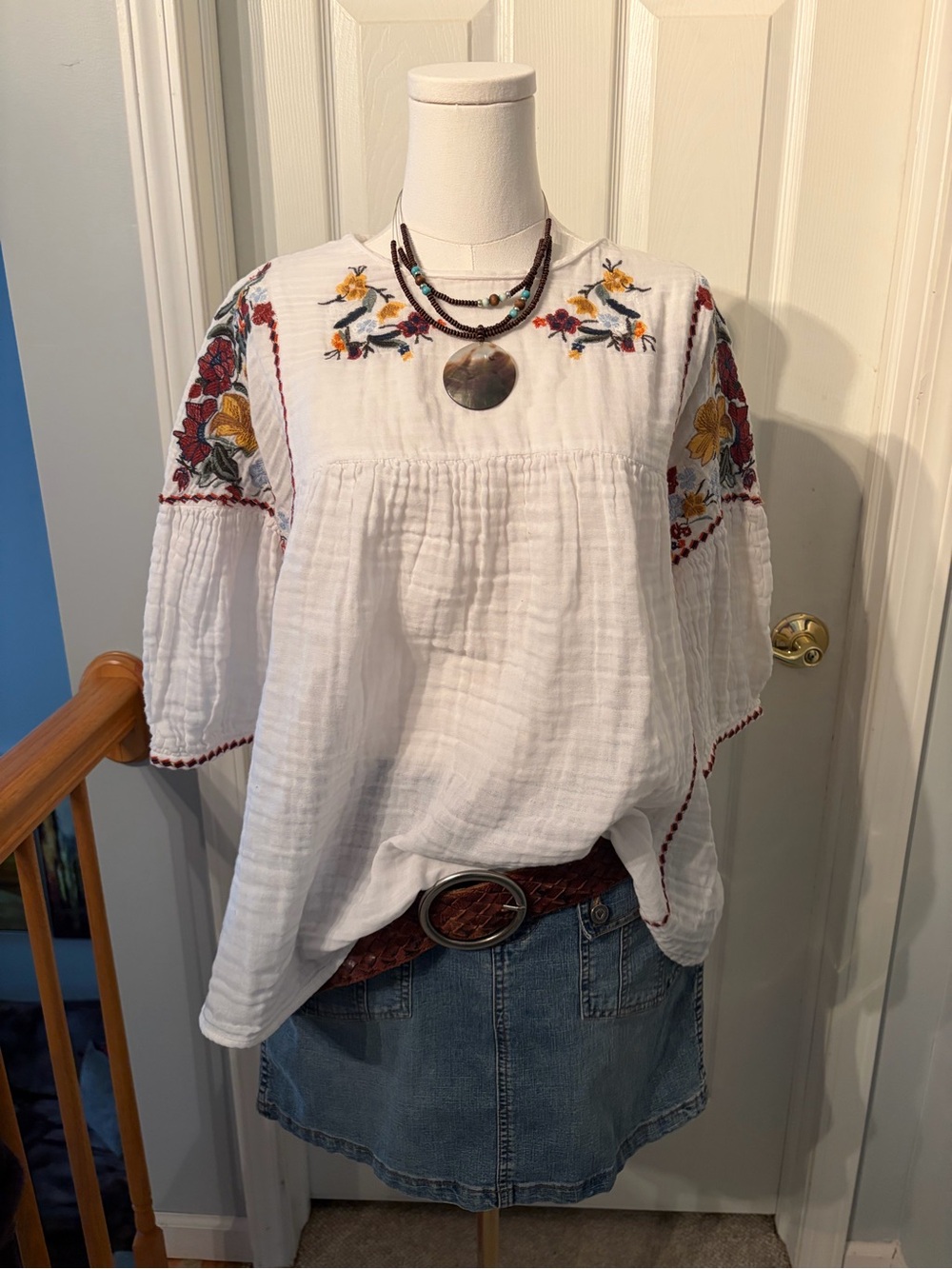 For The Republic White Gauze Peasant Blouse with Floral Embroidery